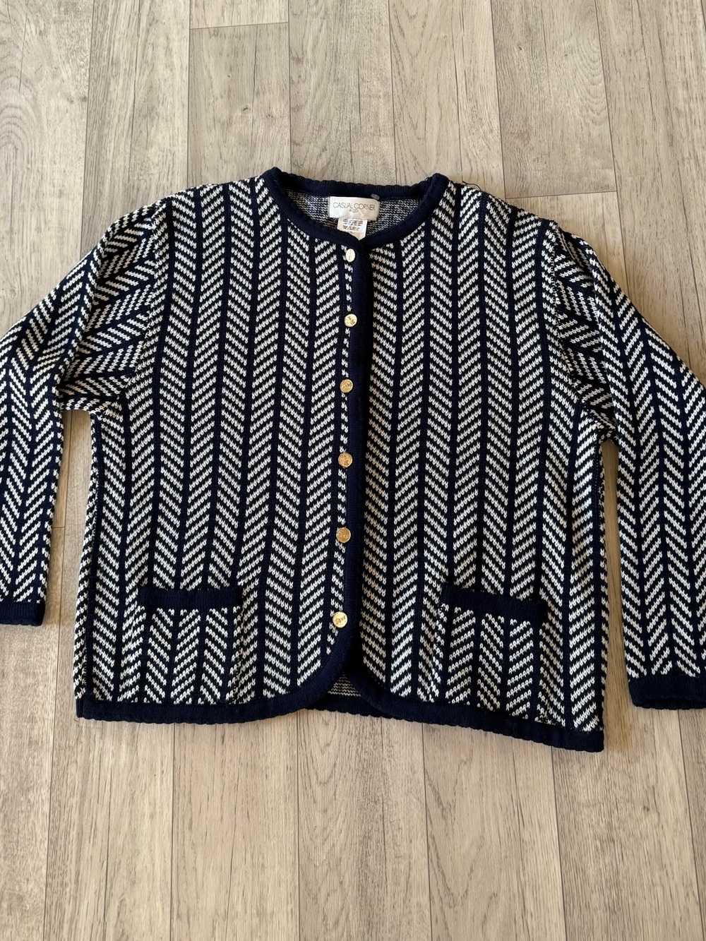 Casual Corner Navy and White Herringbone Button-Front Cardigan Sweater